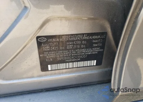 2012 Hyundai Sonata Gls из США, поврежденный, VIN 5NPEB4AC4CH354207